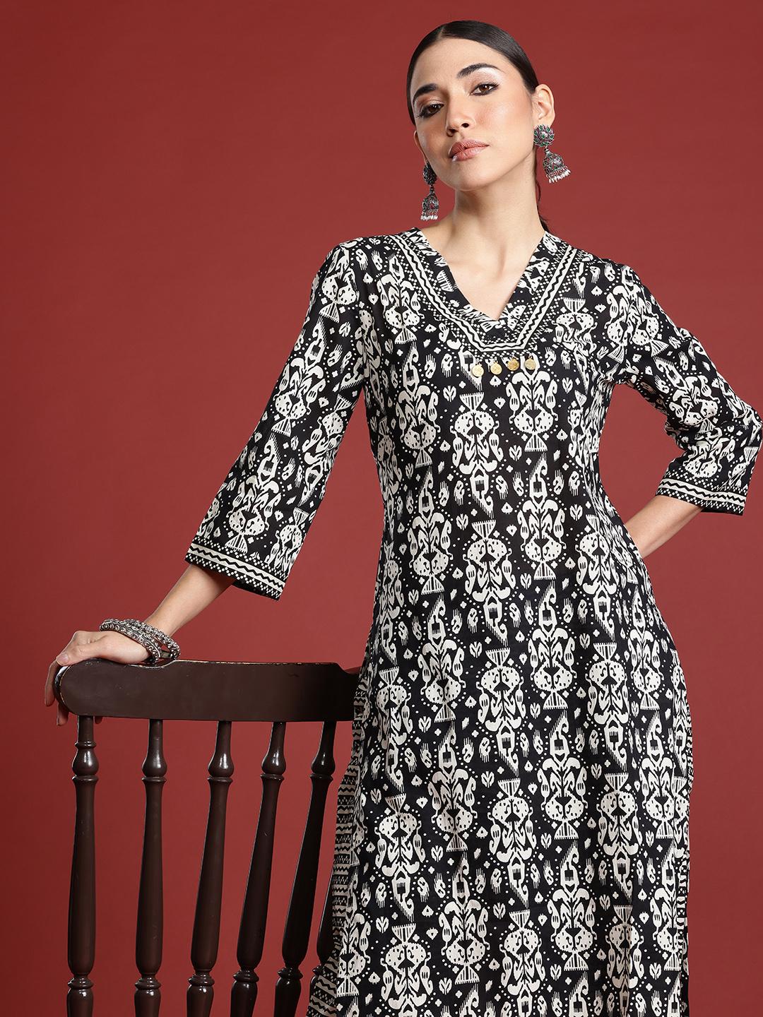 Indo Era Black Printed Straight Kurta Trousers set