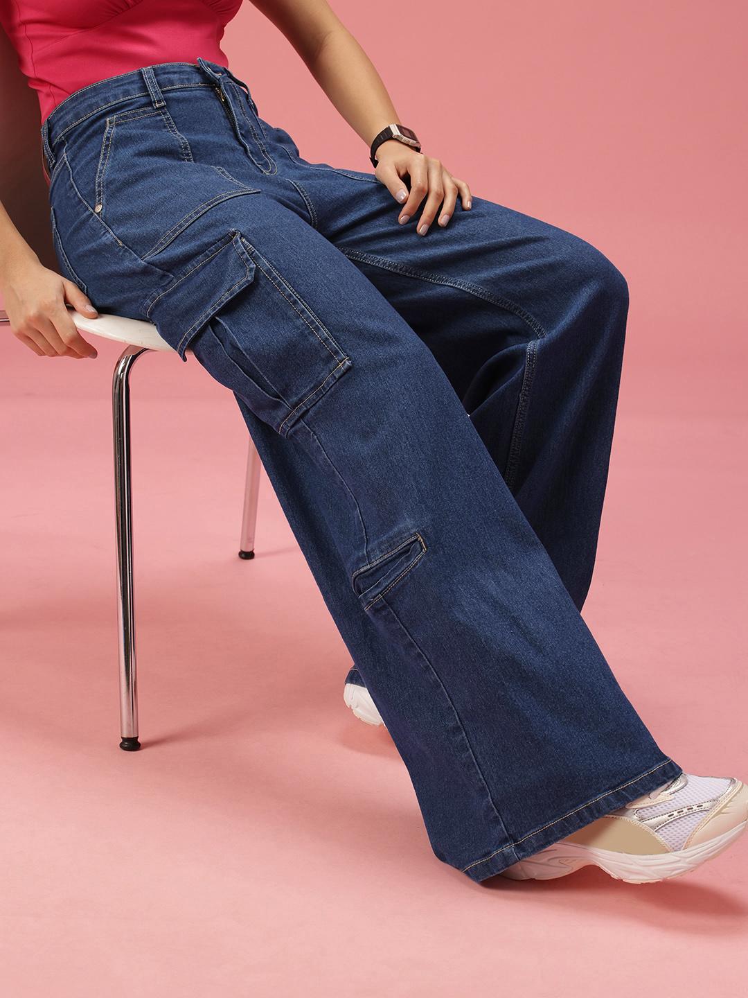 DressBerry Women Wide Leg High-Rise Stretchable Cargo Jeans