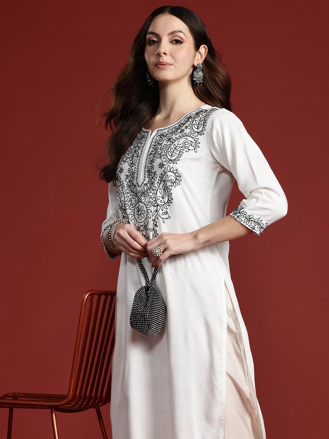 Indo Era White Embroidered Straight Kurtas