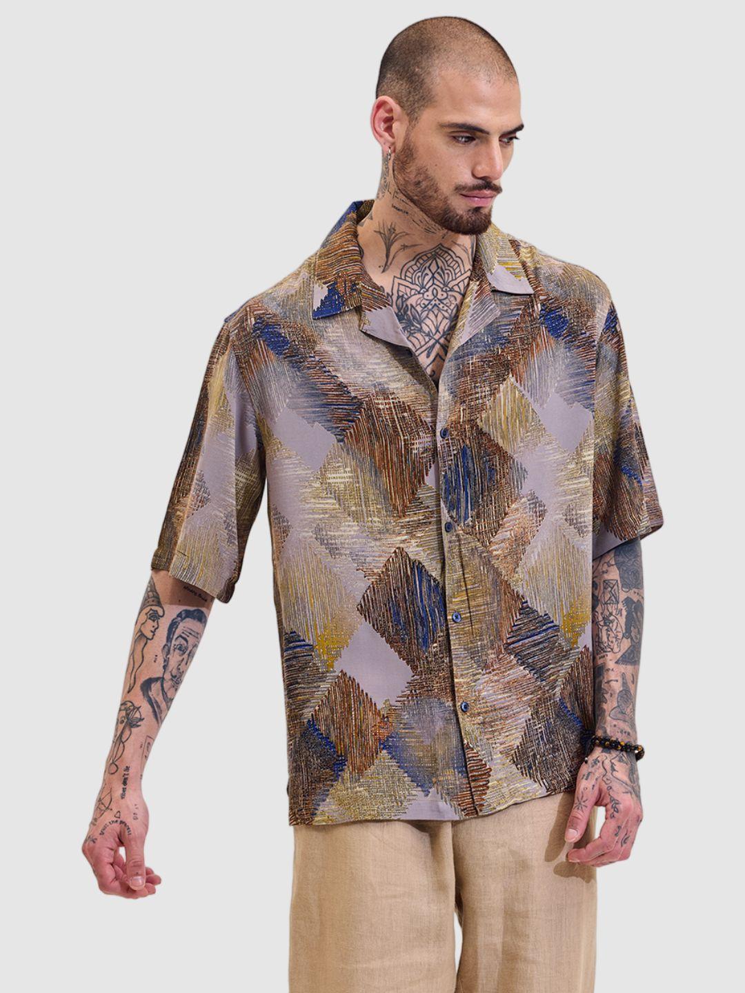 Snitch Men Comfort Boxy Fit Cuban Collar Abstract Printed Casual Shirt