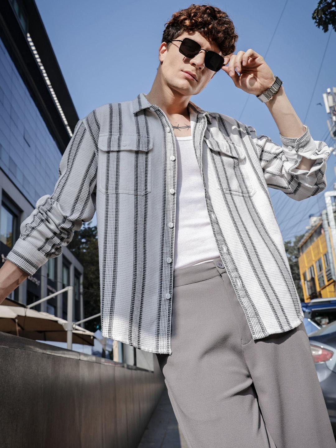 HERE&NOW Men Relaxed Fit Spread Collar Vertical Striped Cotton Casual Shirt