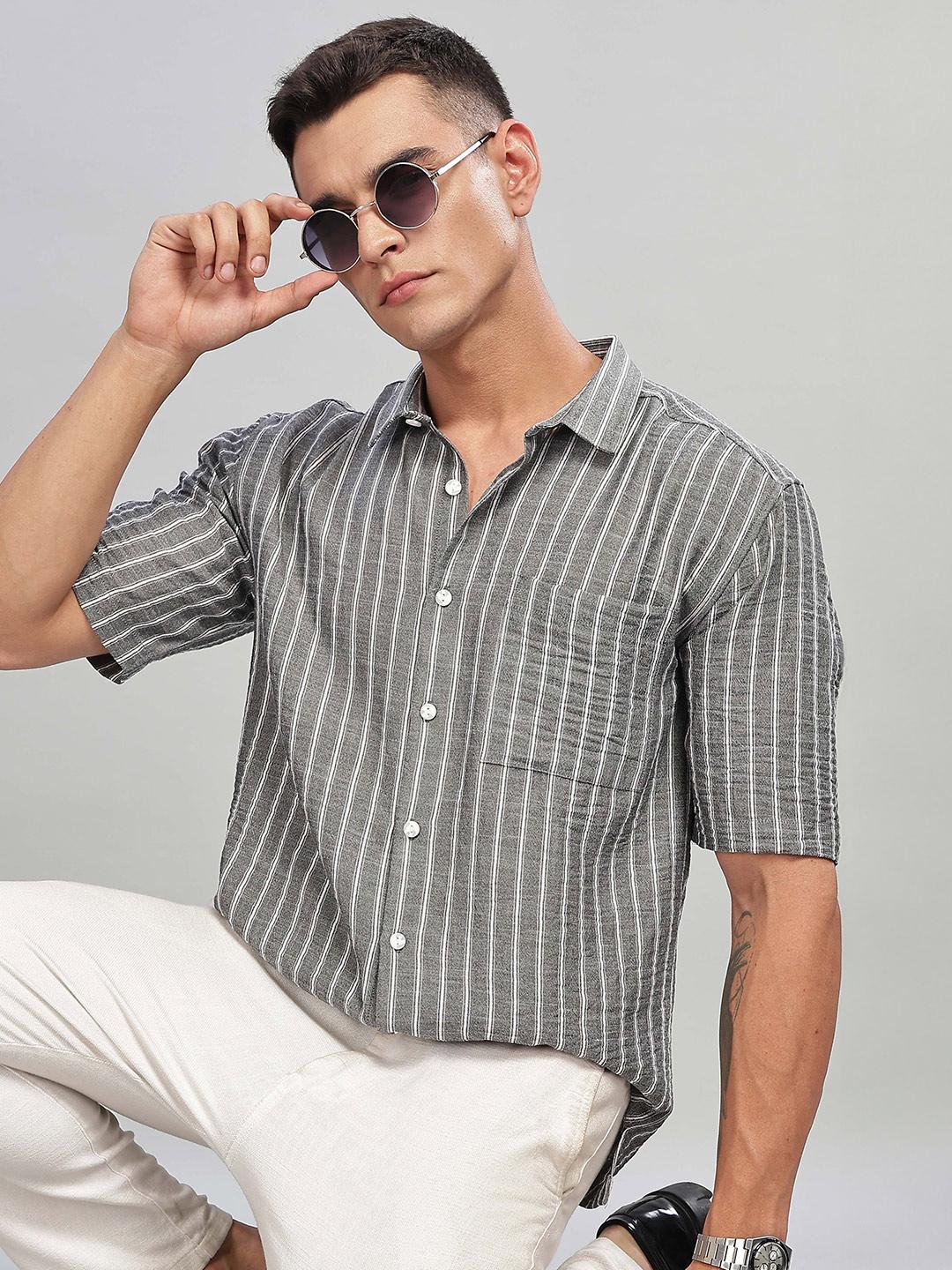 HERE&NOW Men Relaxed Fit Spread Collar Vertical Striped Casual Shirt