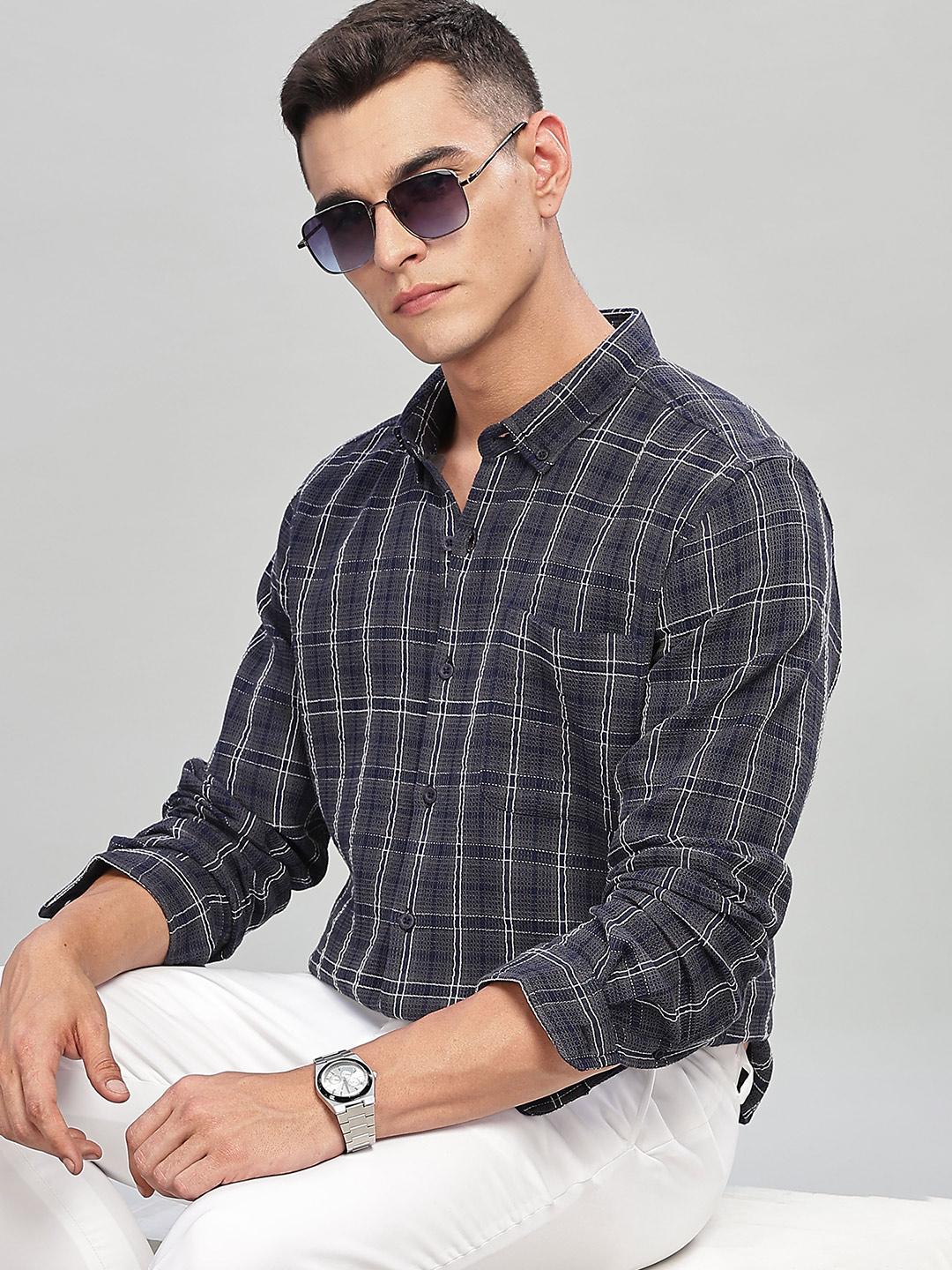 HERE&NOW Men Relaxed Fit Button-Down Collar Tartan Checked Cotton Casual Shirt