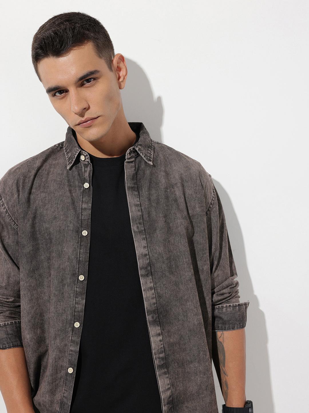 The Roadster Life Co. Relaxed Fit Faded Drop-Shoulder Sleeves  Denim Casual Shirt