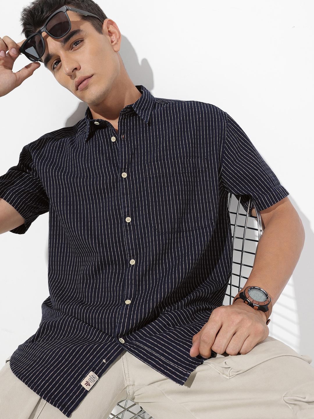 The Roadster Life Co.  Denim Self Striped Relaxed Fit Casual Shirt