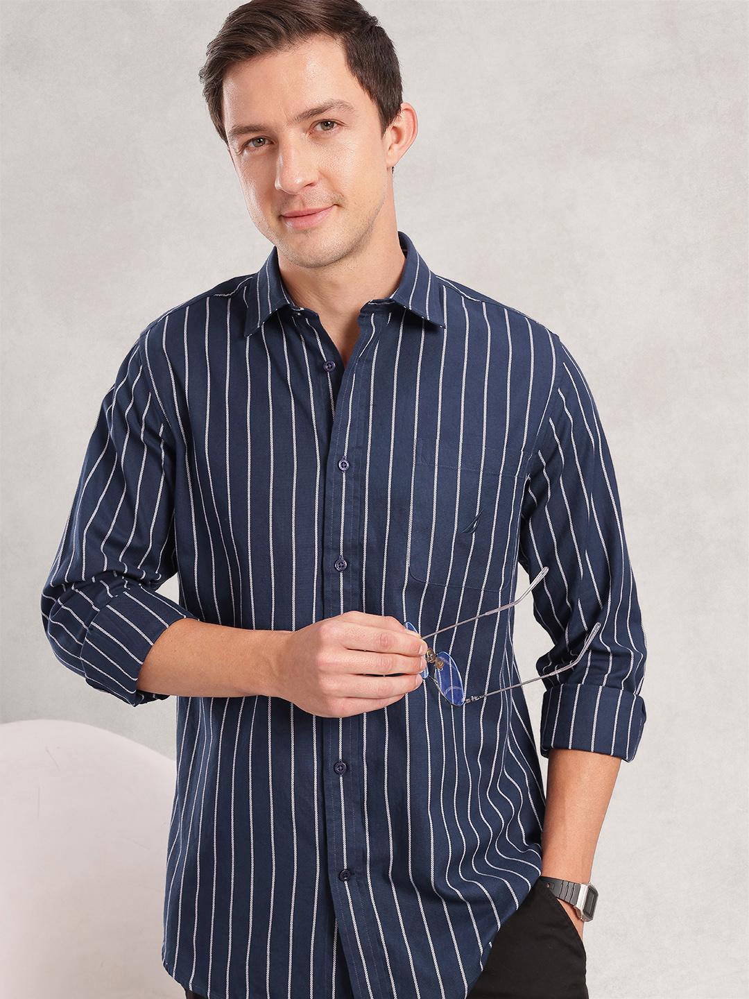 Nautica Men Premium Striped Pure Cotton Casual Shirt