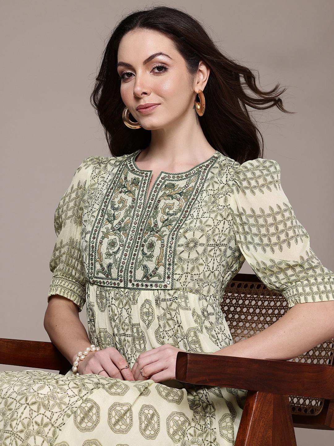Buy Ritu Kumar Ethnic Motifs Print Puff Sleeve Fit & Flare Midi Dress ...
