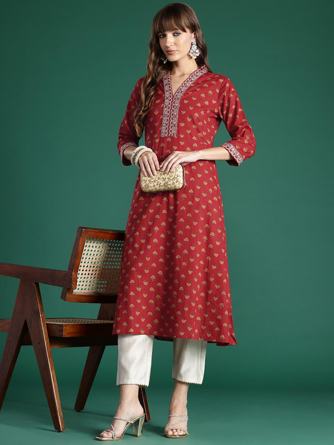 Indo Era Red Embroidered A-line Kurta