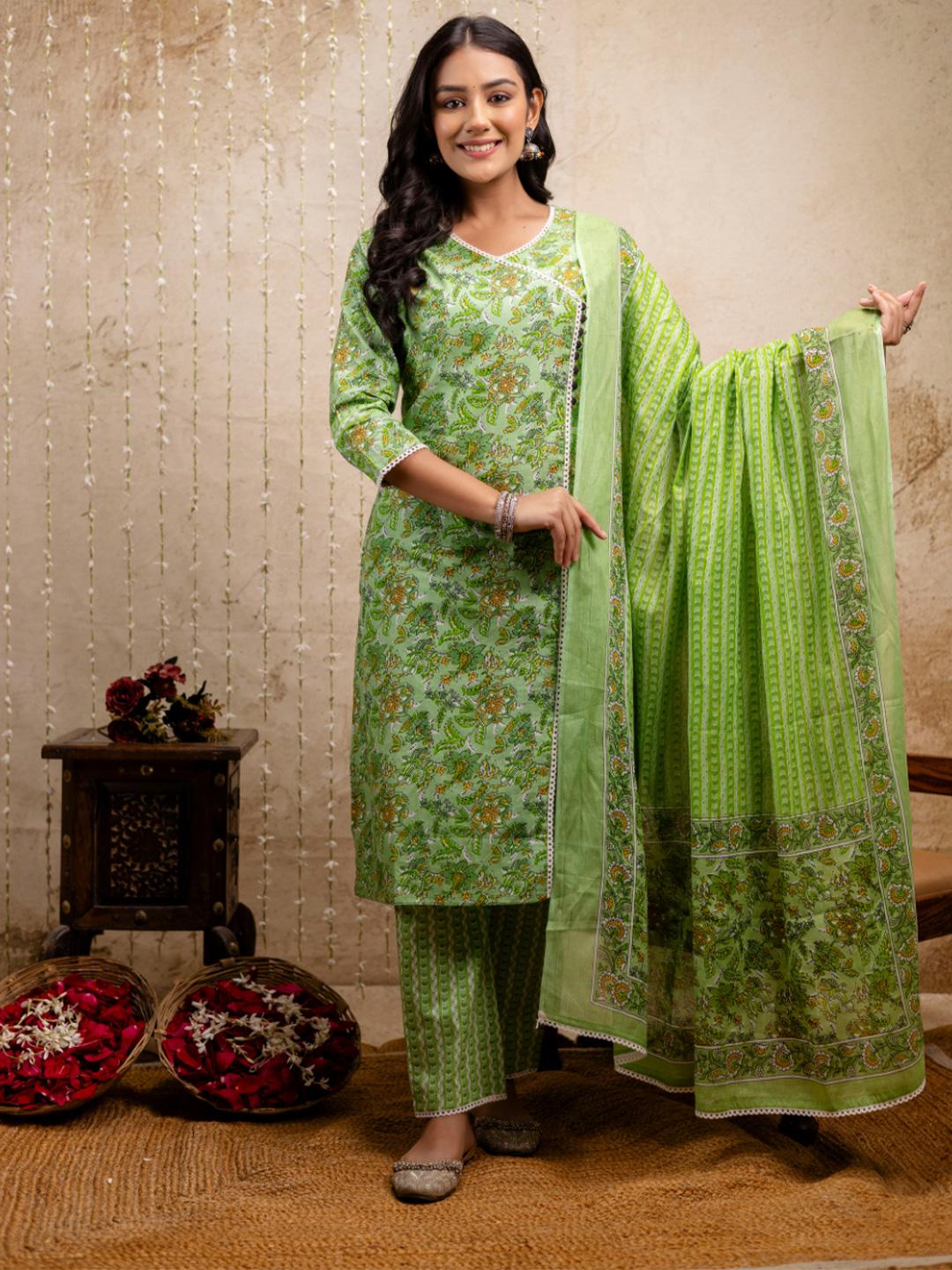 Women Green Floral Print Cotton Kurta Set With Dupatta