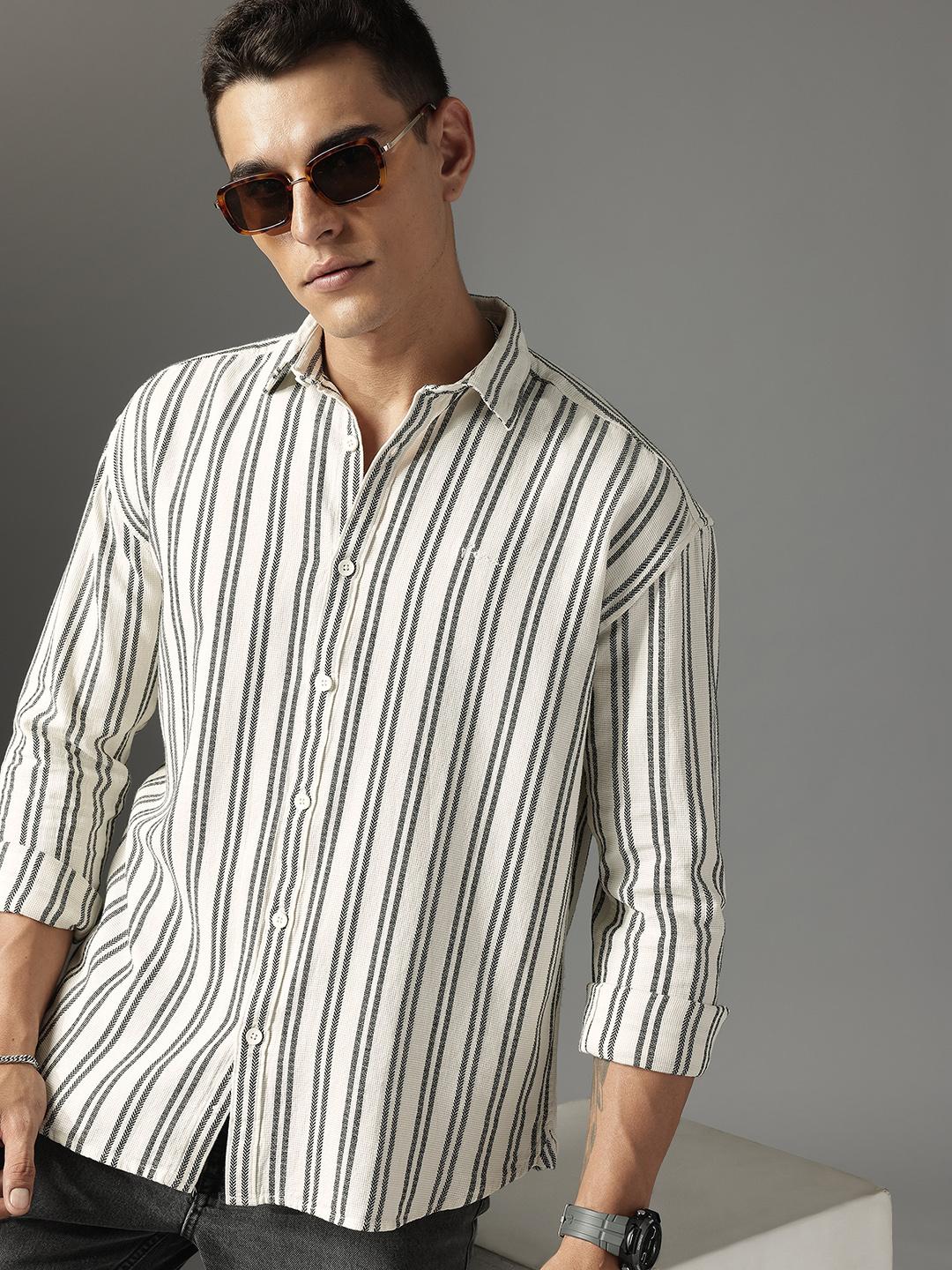 FCUK Pure Cotton Striped Drop-Shoulder Sleeves Relaxed Fit Casual Shirt