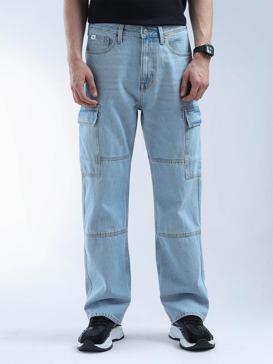 Flying Machine Men Loose Relaxed Fit Light Fade Cargo Jeans