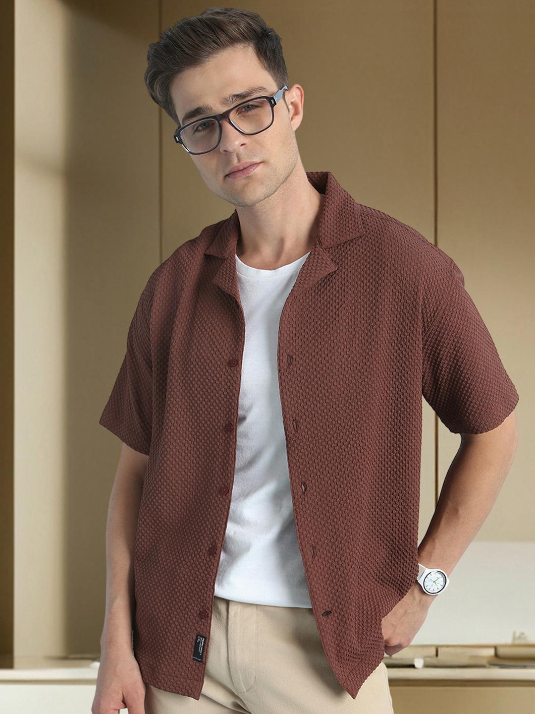 Dennis Lingo Cuban Collar Textured Relaxed Fit Casual Shirt