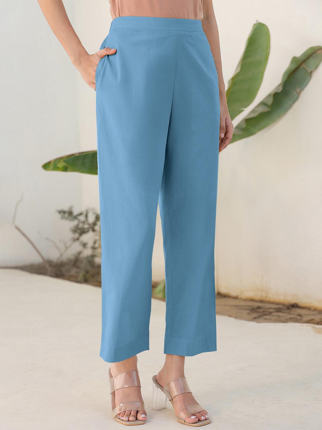 Buy Janasya Women's Light Blue Linen Cotton Solid Straight Pant — free download
