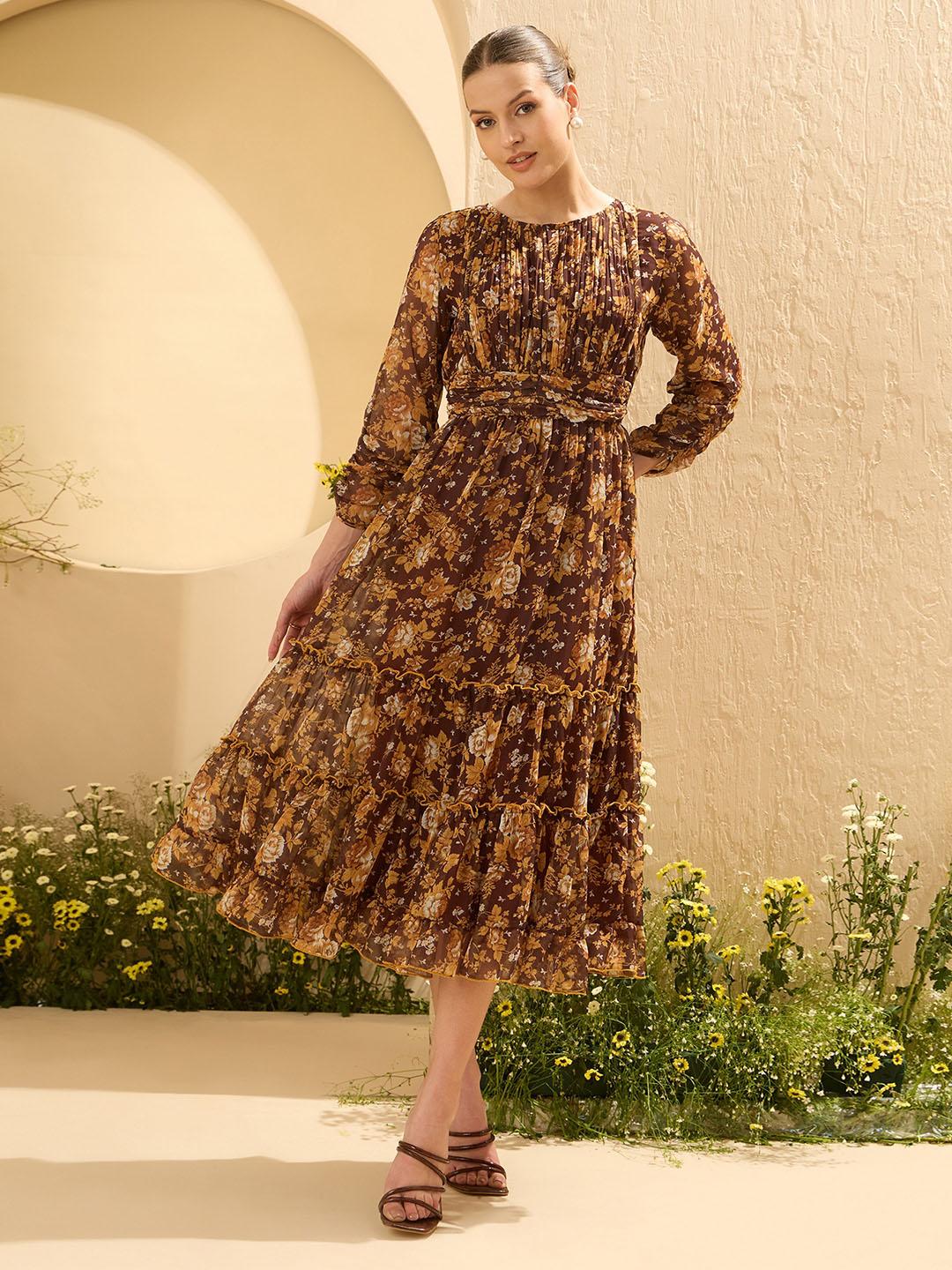 Antheaa Green Floral Printed V-Neck Puff Sleeve Pleated Tiered Fit & Flare Dress