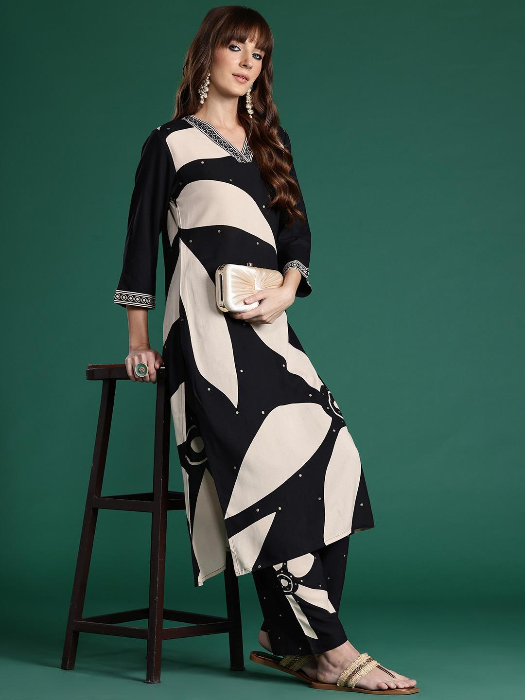 Indo Era Black Printed Straight Kurta Trousers Set