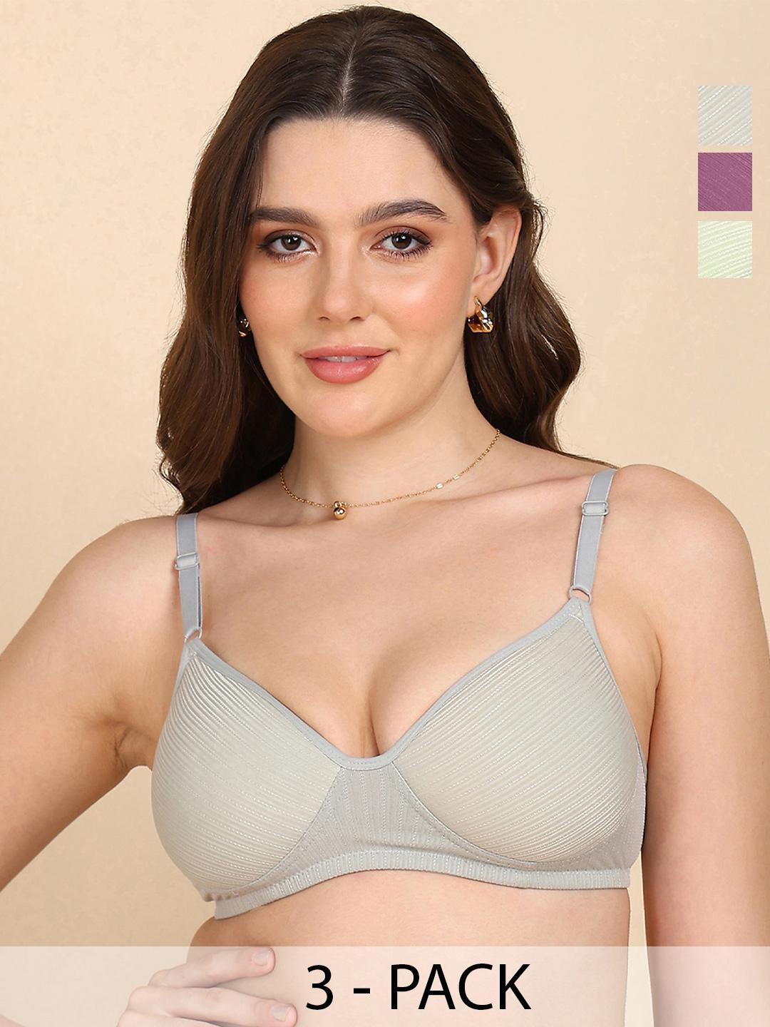Buy KOMLI Pack Of 3 Lightly Padded Stripe Print Full Coverage Bra - - Apparel for Women