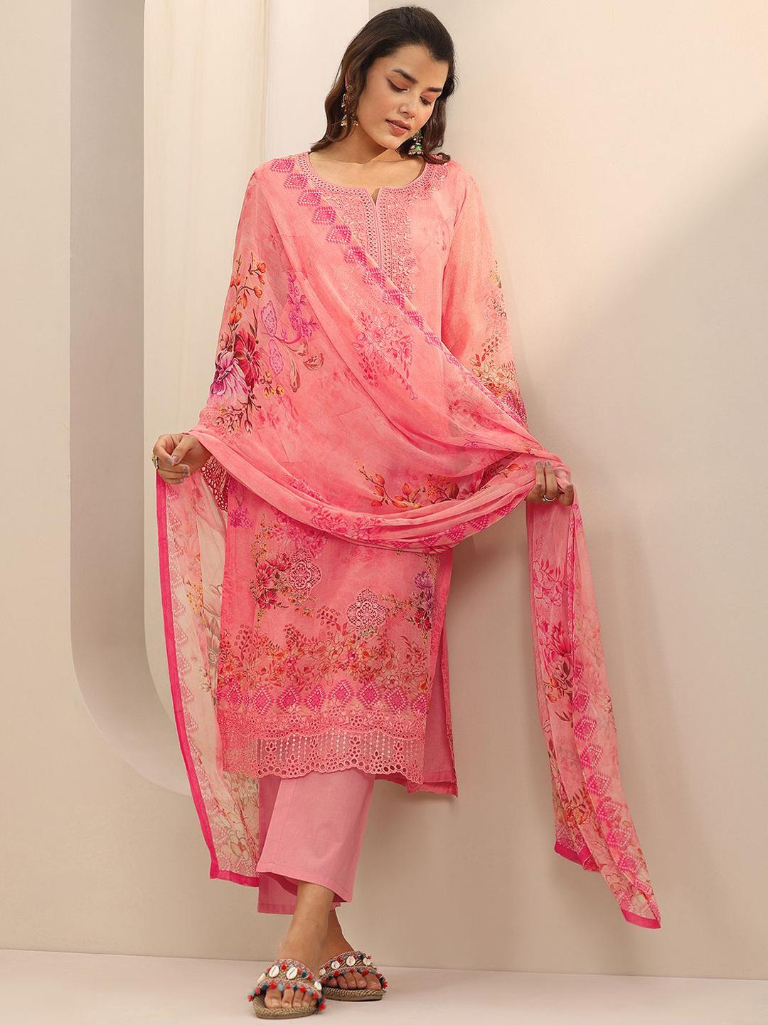Women's Beige Floral Printed Regular Beads And Stones Kurta Set With Dupatta