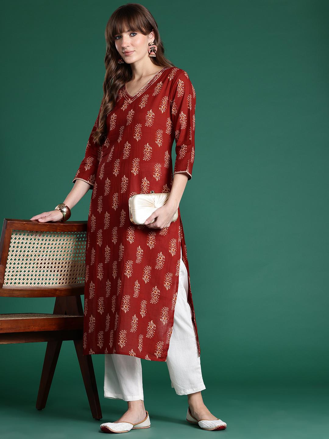 Indo Era Maroon Printed Straight Kurtas