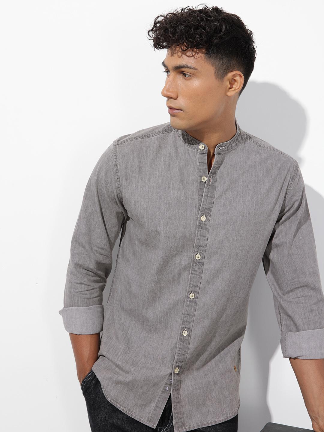 R.Code by The Roadster Life Co. Solid Mandarin Collar Denim Shirt