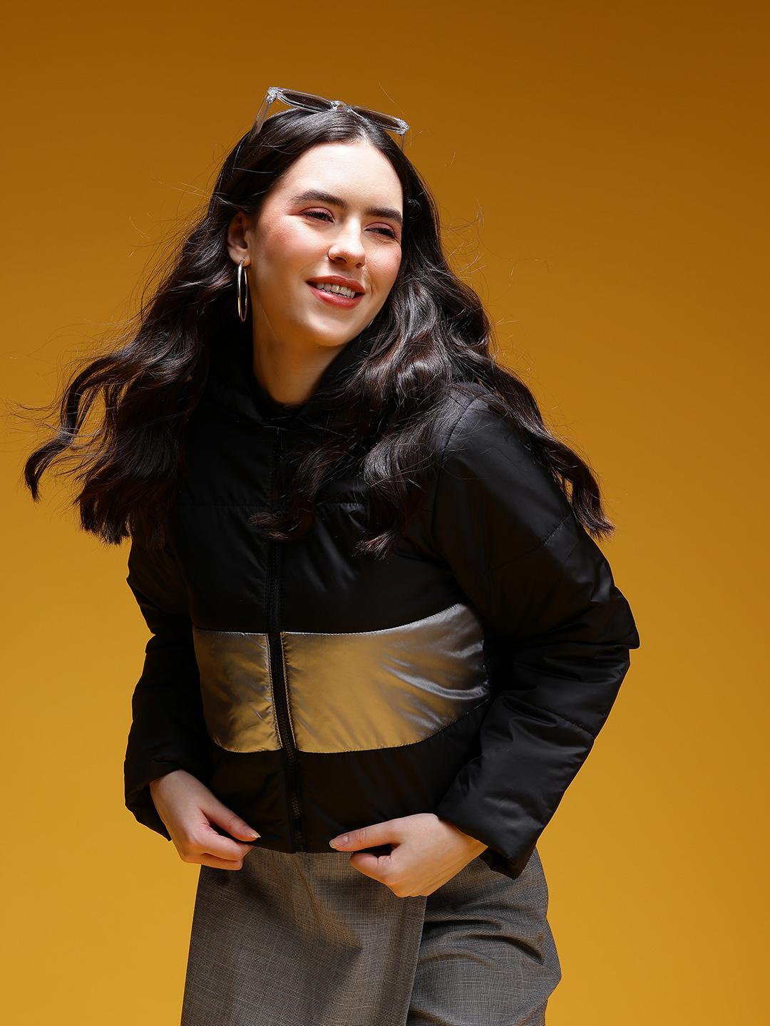 HERE&NOW Colourblocked Hooded Padded Crop Jacket
