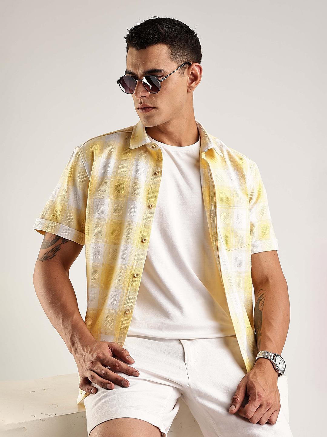 HERE&NOW Men Windowpane Checked Spread Collar Cotton Casual Shirt