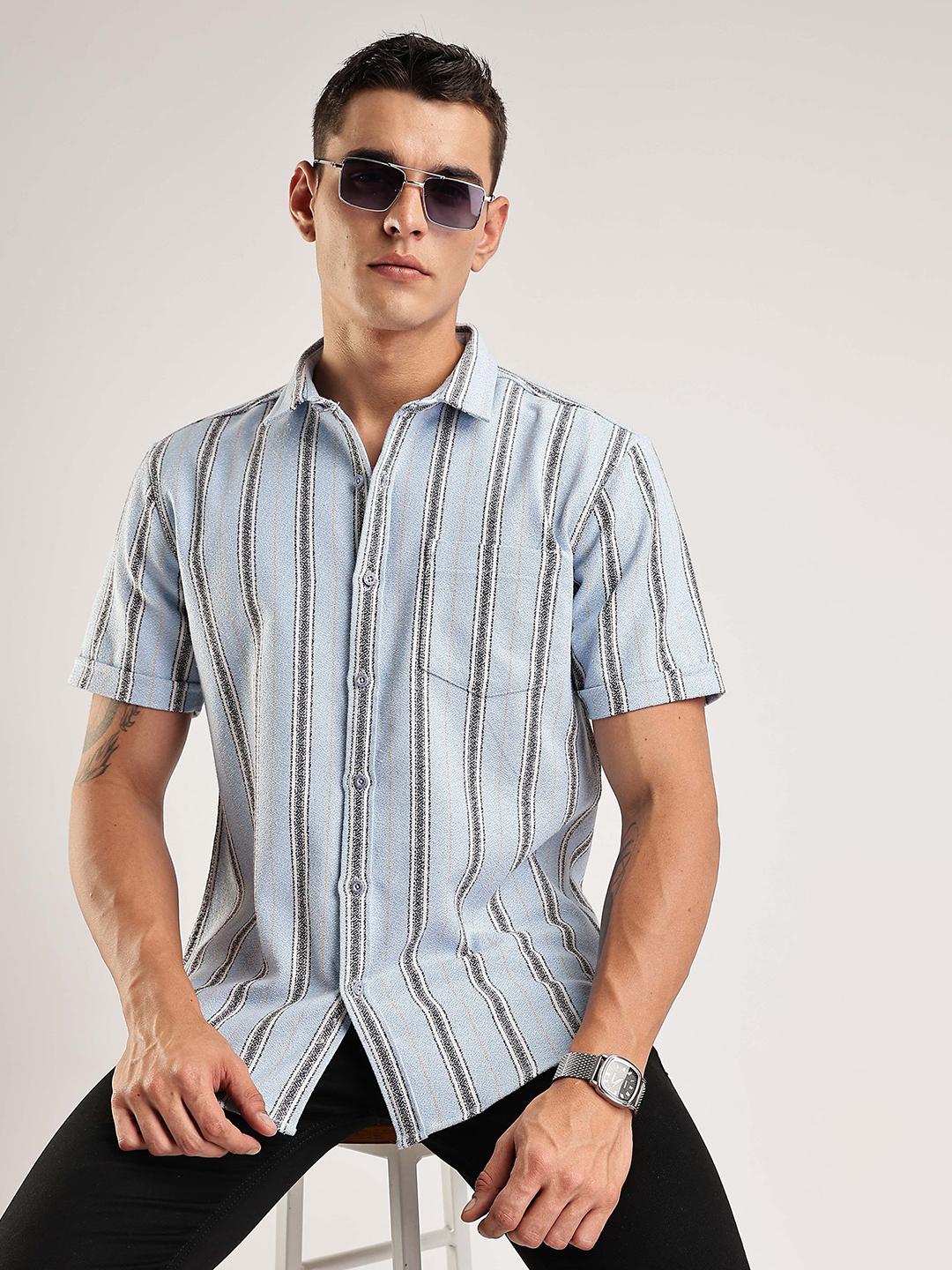 HERE&NOW Men Vertical Striped Cuban Collar Cotton Casual Shirt
