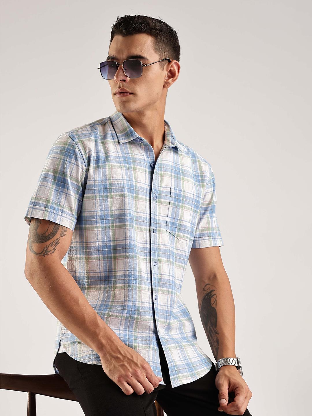 HERE&NOW Men Tartan Checked Spread Collar Cotton Casual Shirt