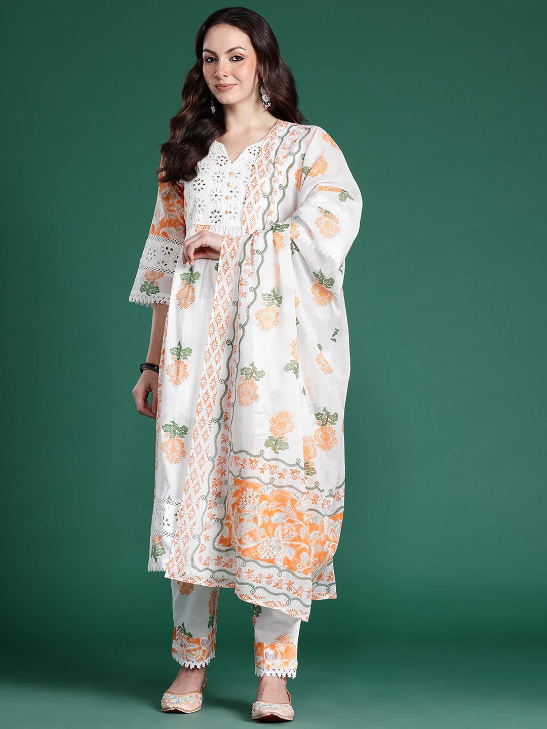 Off White Printed Straight Kurta Trousers With Dupatta