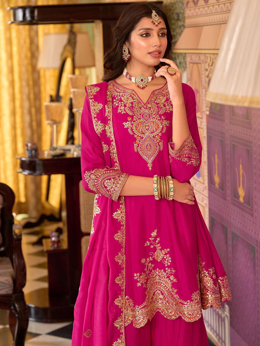 Women Rani Chinon Embroidery Work Kurta Set With Dupatta