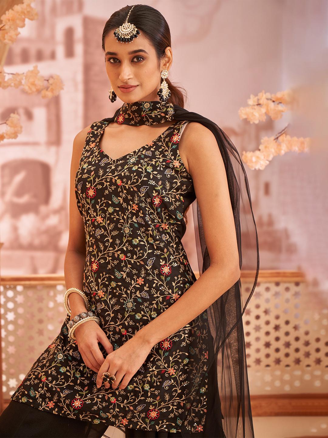 Floral Embroidered Regular Thread Work Kurti with Sharara & With Dupatta