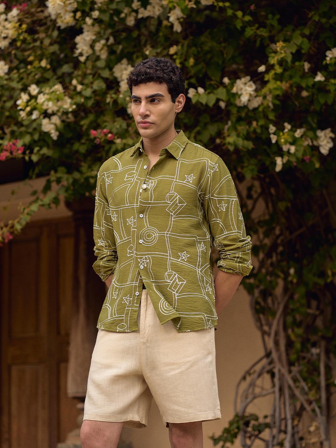 Banana Club Men Classic Slim Fit Embroidered Casual Shirt