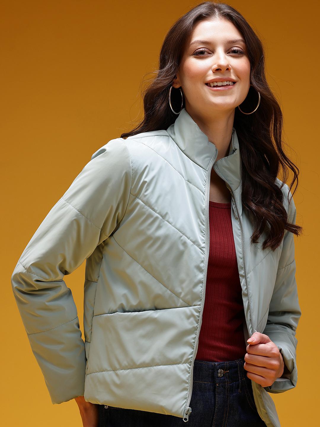 HERE&NOW Mock Collar Metallic Finish Padded Jacket