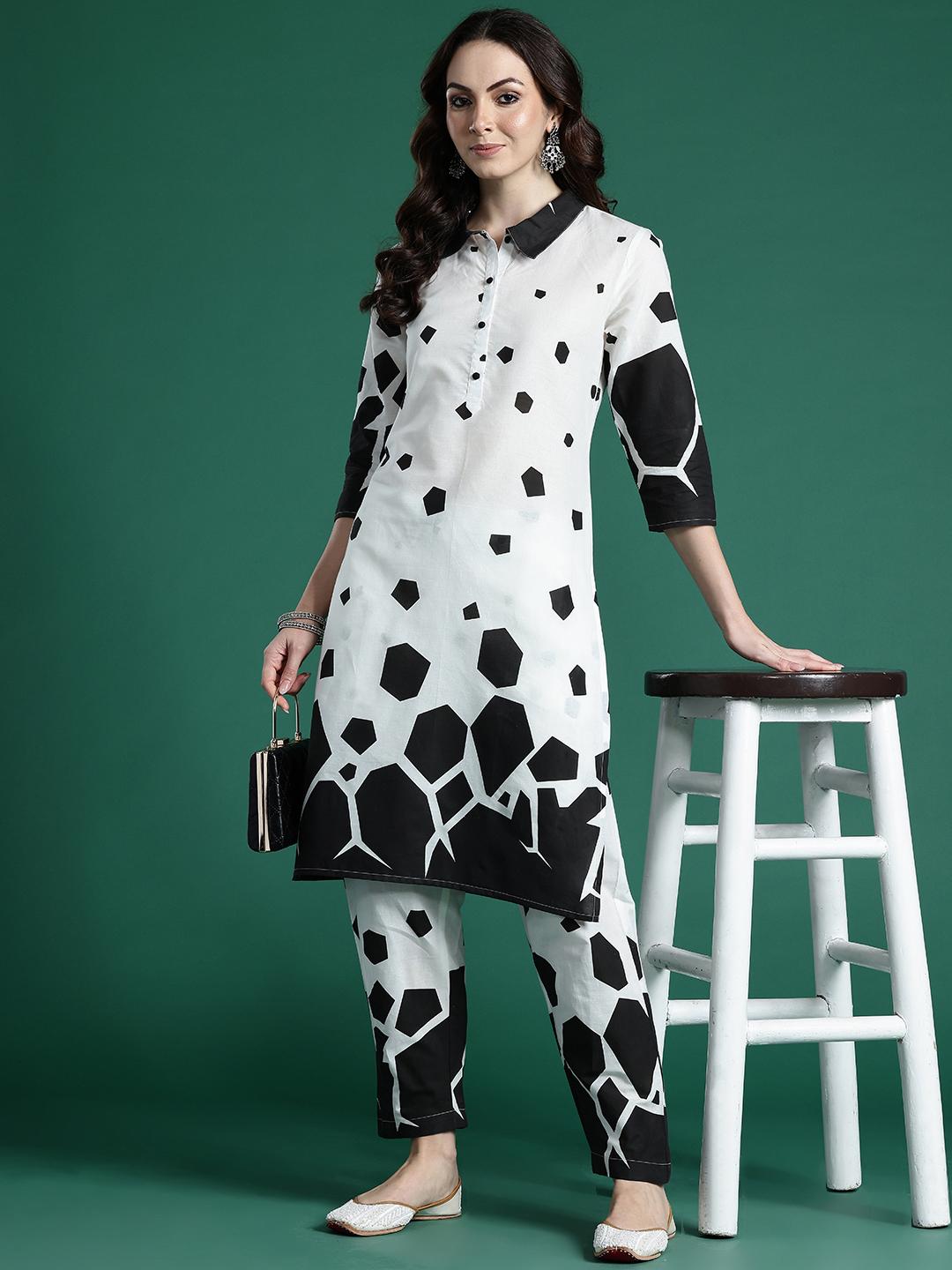 Indo Era Off White Printed Straight Kurta Palazzos Set