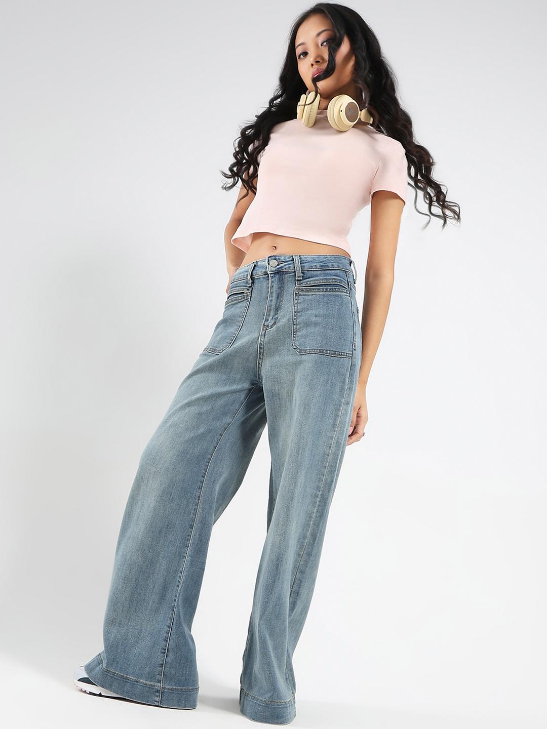 Sera Women Smart Women High-Rise Light Fade Front Pocket Wide Leg Stretchable Jeans