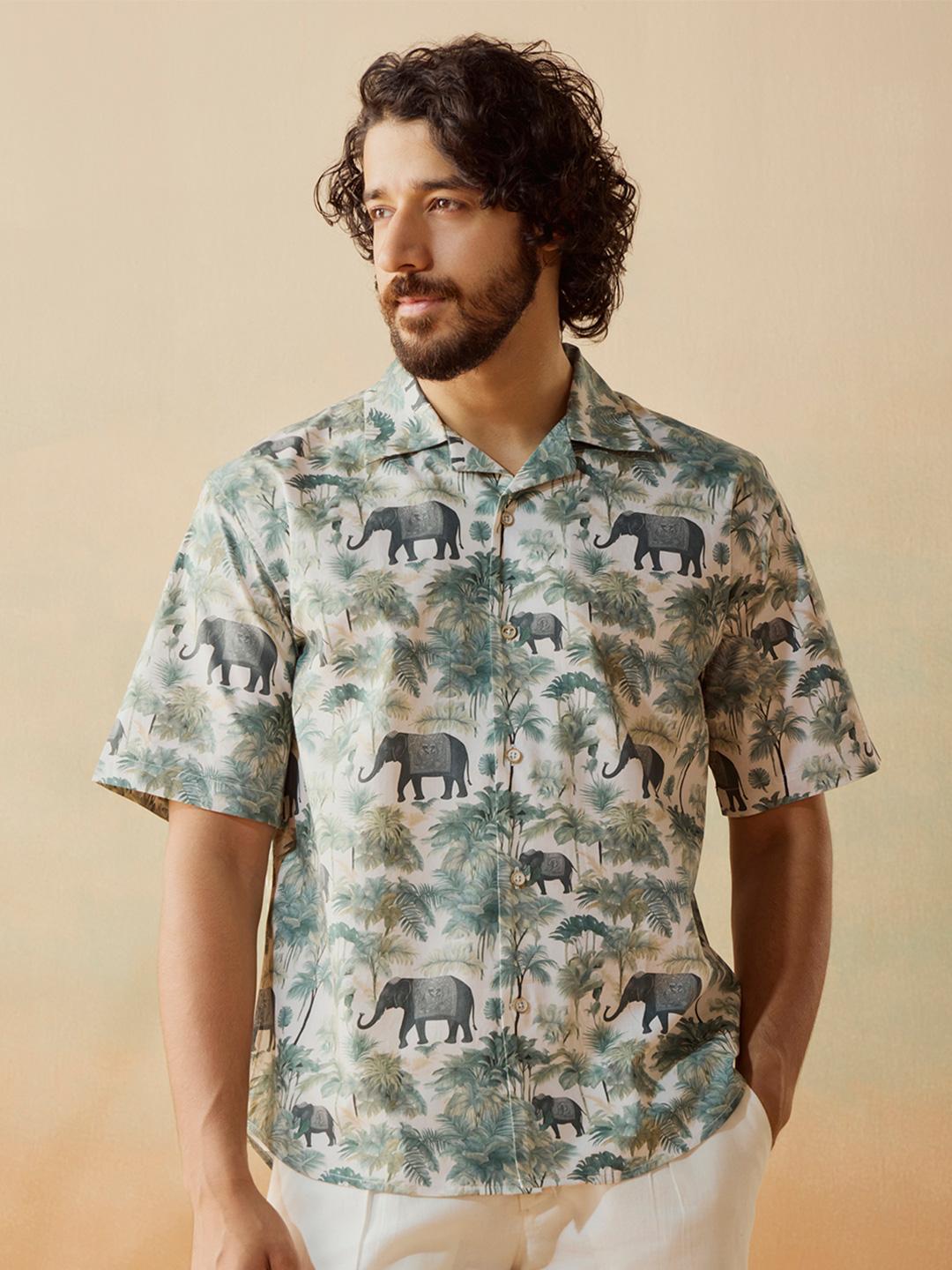 Men's Blue Printed Cuban Collar Relaxed Fit Co-Ords Set