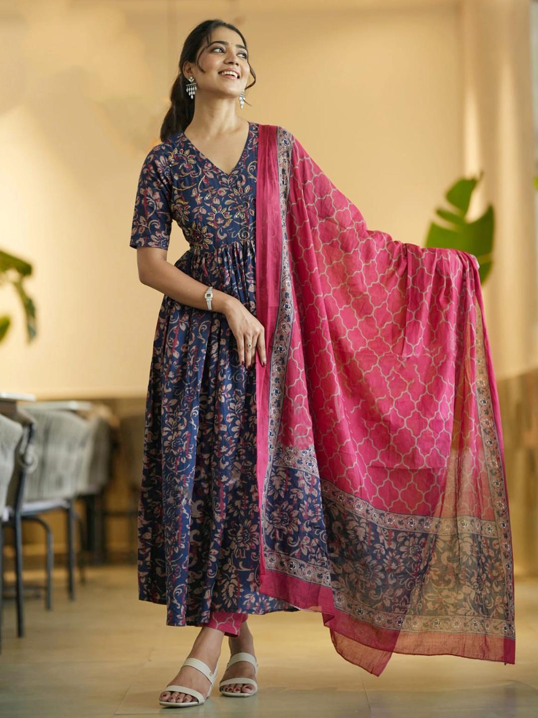 Women Red Floral Printed Round Neck Anarkali Kurta With Trousers & Dupatta (Plus Size Available)