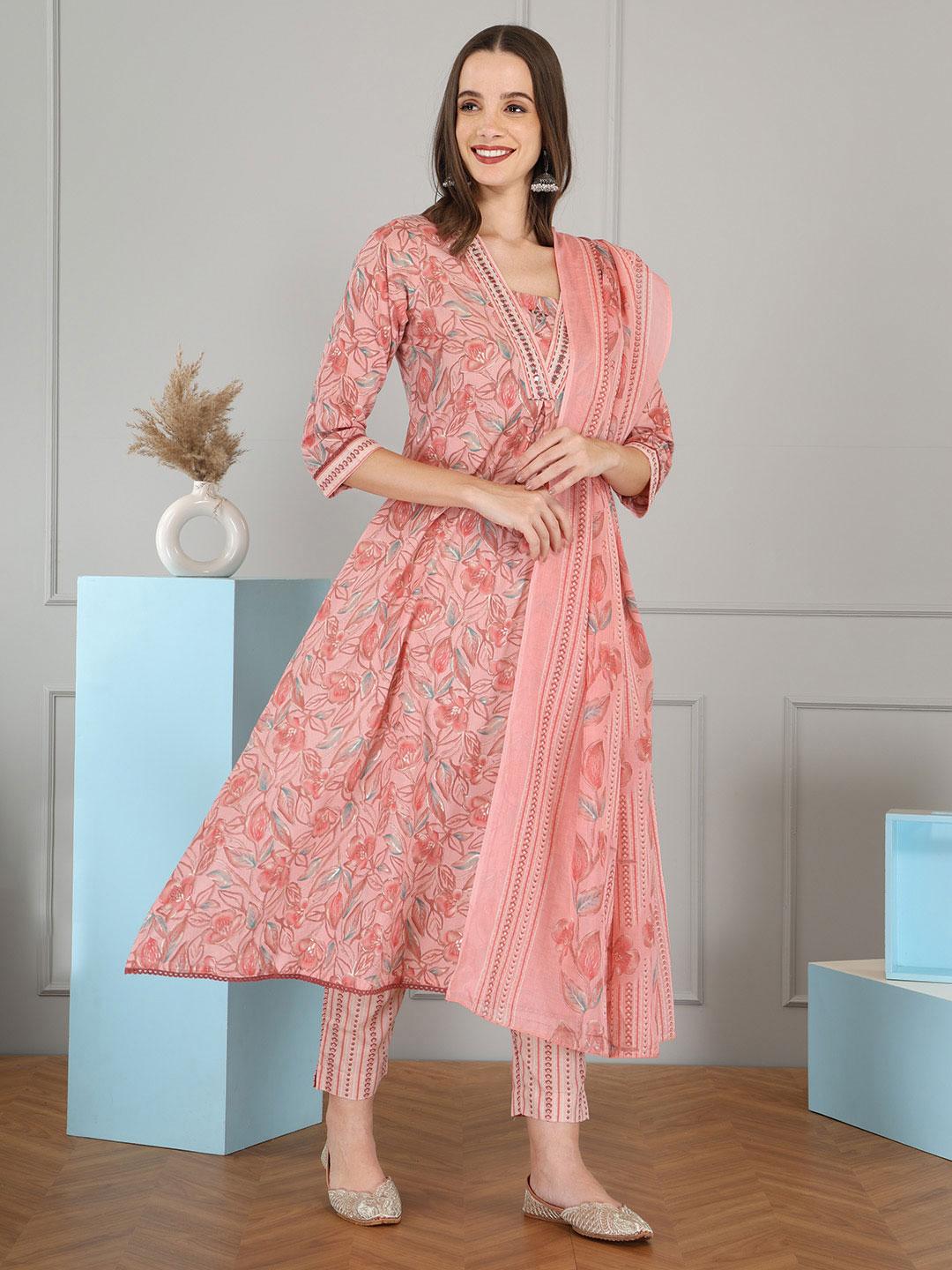Women Floral embroidered v_neck Pure Cotton Kurta trouser & Dupatta Set