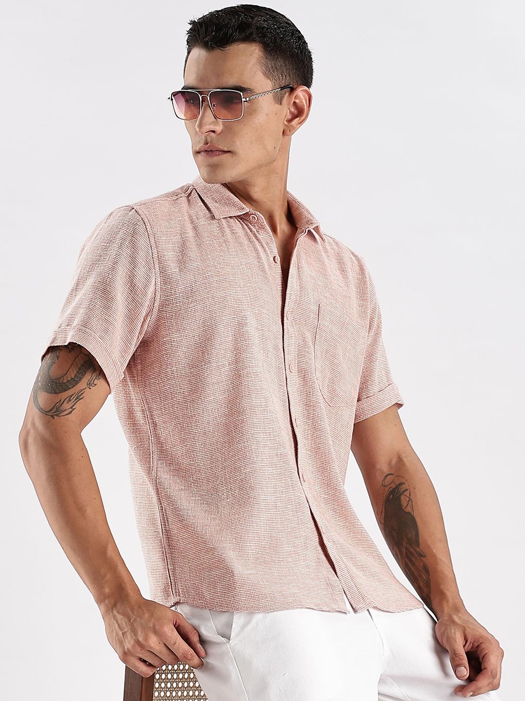 HERE&NOW Men Textured Spread Collar Cotton Casual Shirt