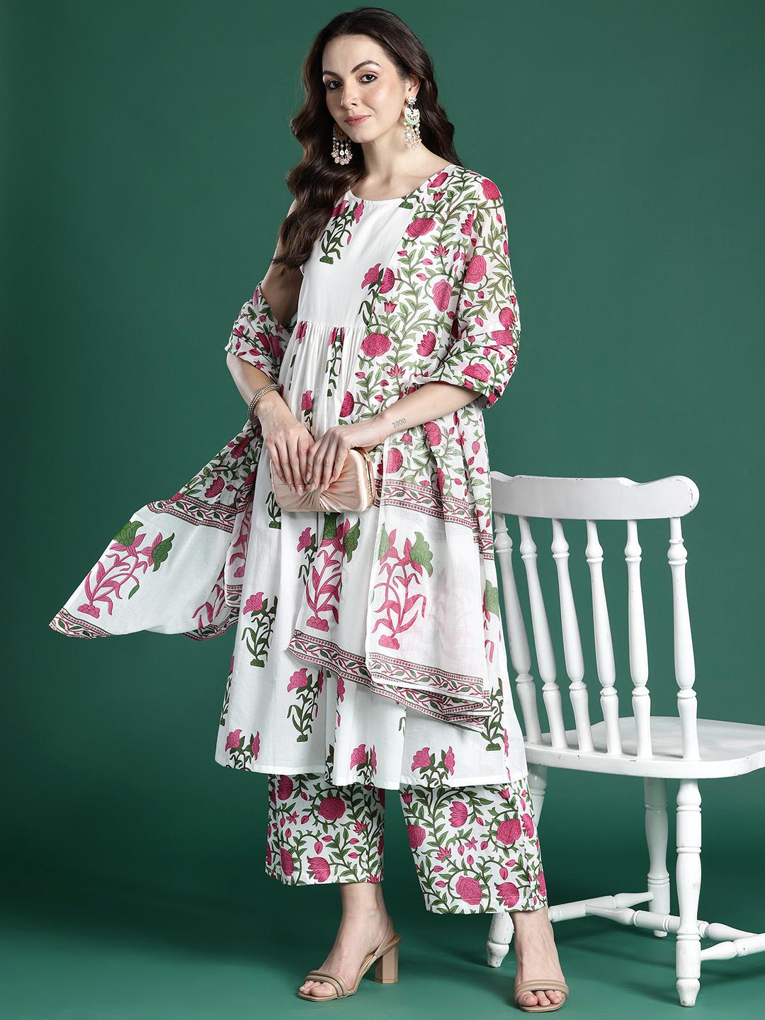 Indo Era White Printed Straight Kurta Palazzos With Dupatta set