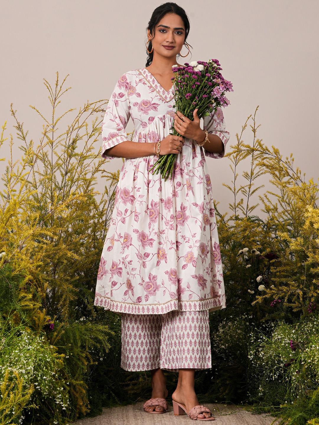Women White Floral Print Anarkali Kurta with White Palazzo