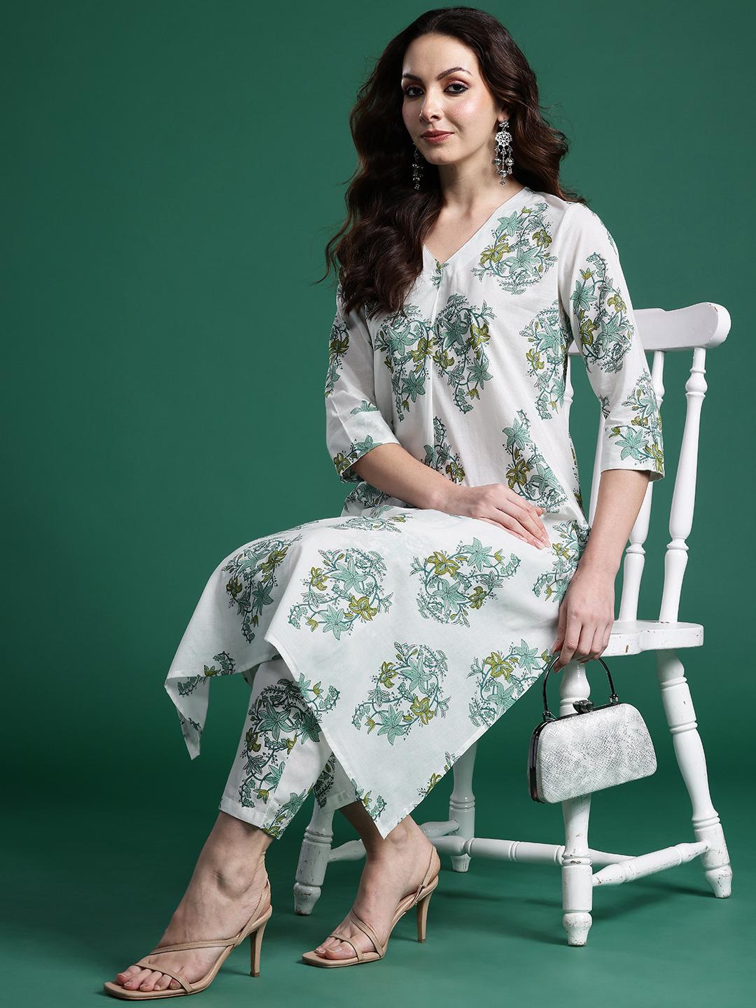 Indo Era Off White Printed A-Line Kurta with Pant Set