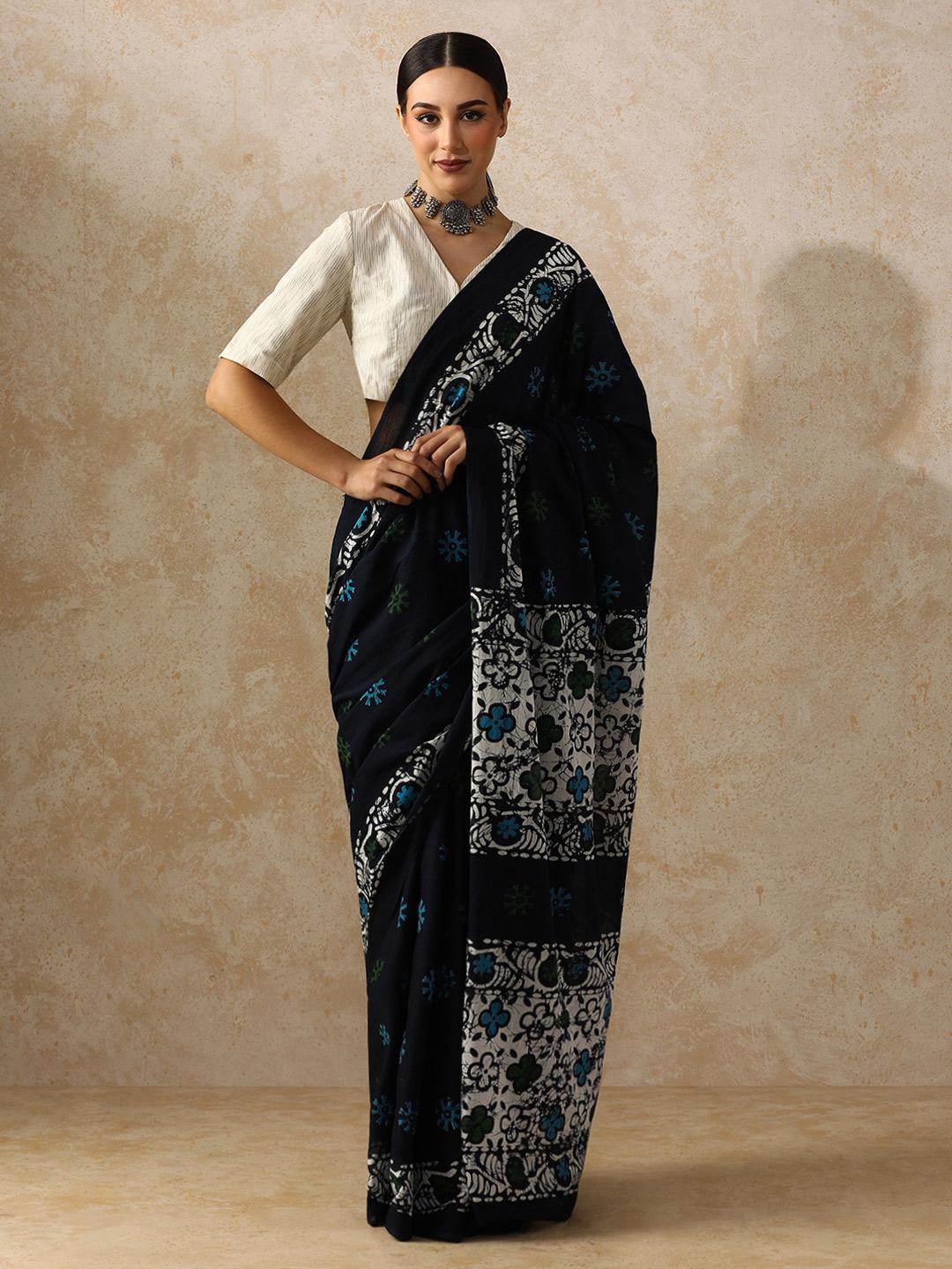 Floral Pure Cotton Bagru Saree with Unstiched Blouse