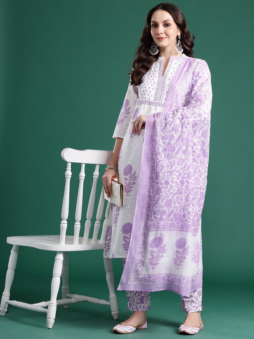 Indo Era White Printed Straight Kurta Trousers With Dupatta Set