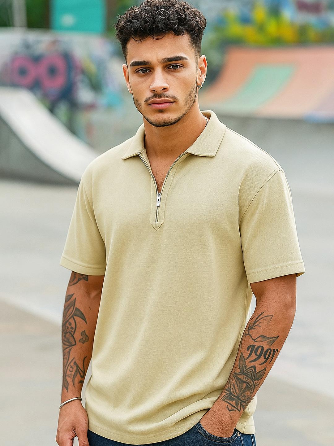 Men's Black Self Design Polo Collar T-Shirt