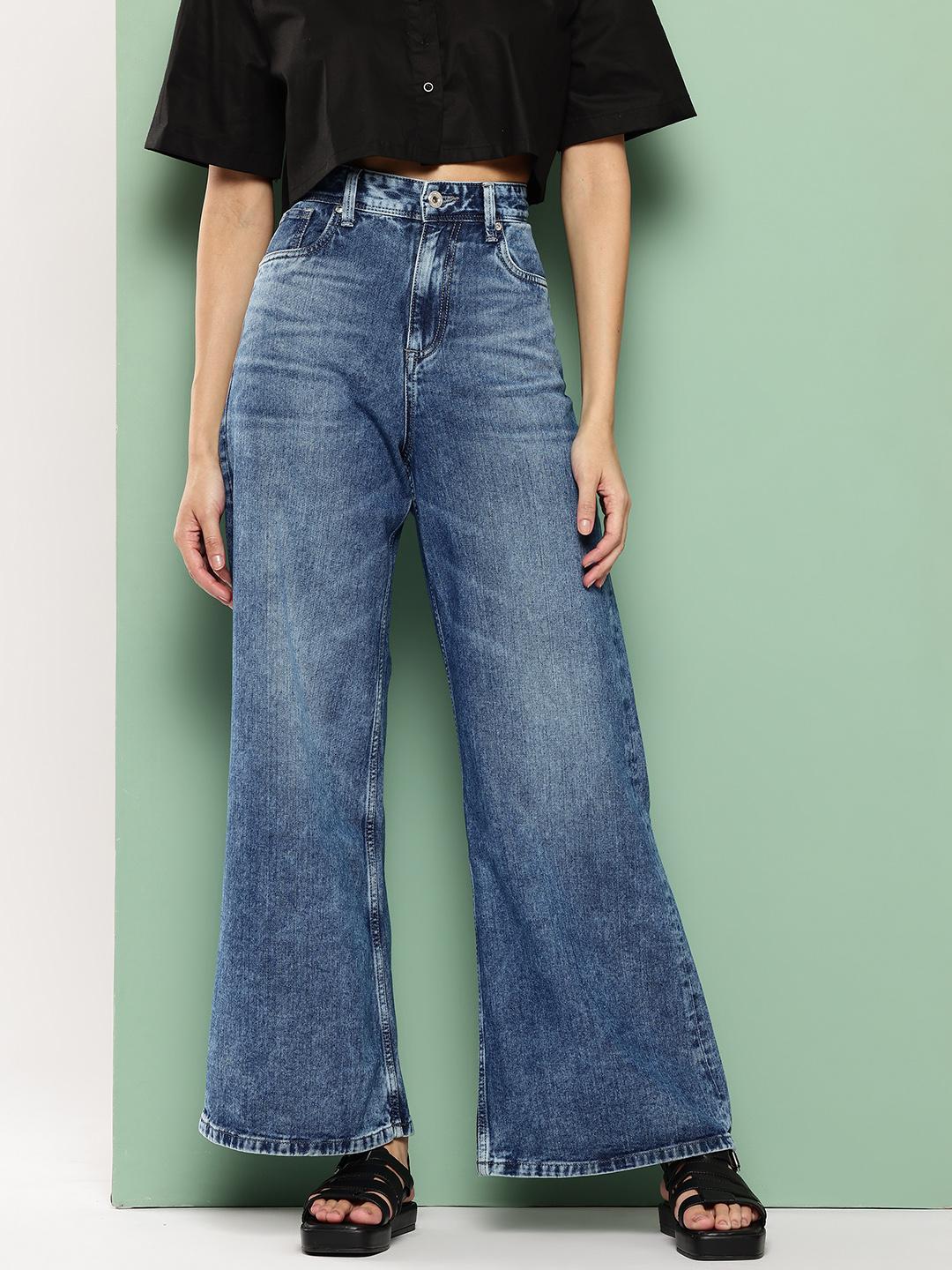 Killer Women Crinkle Effect Mid-Rise Light Fade Wide Leg Jeans