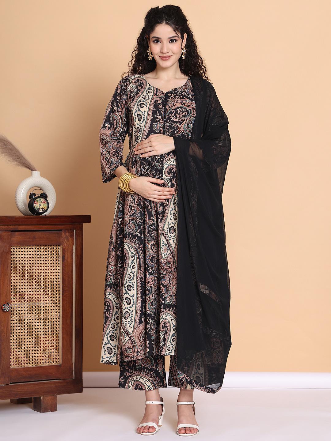 Red Floral Cotton Maternity Kurta with Trouser and Dupatta