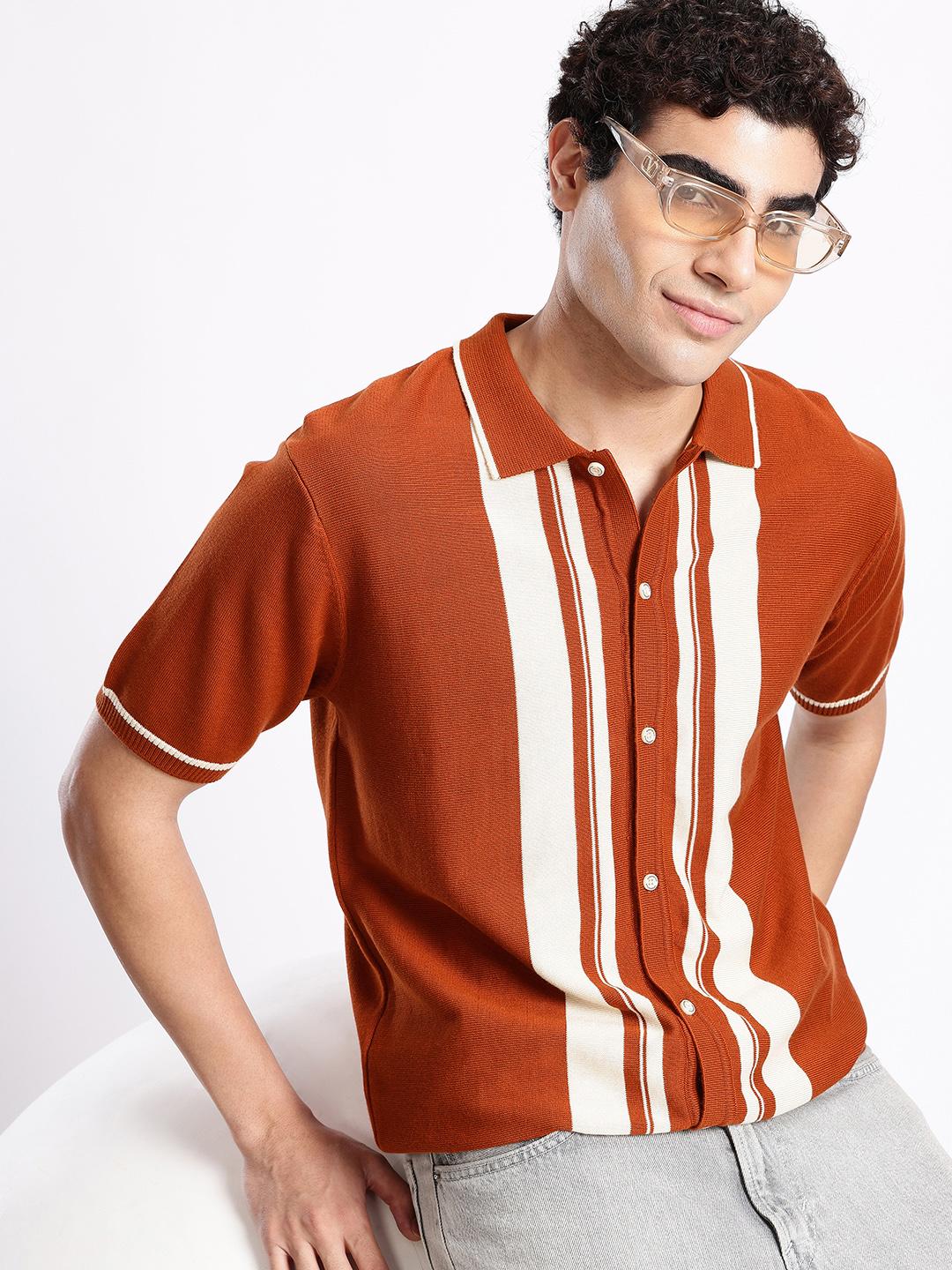 Aeropostale Men Pure Cotton Striped Knitted Regular Fit Shirt