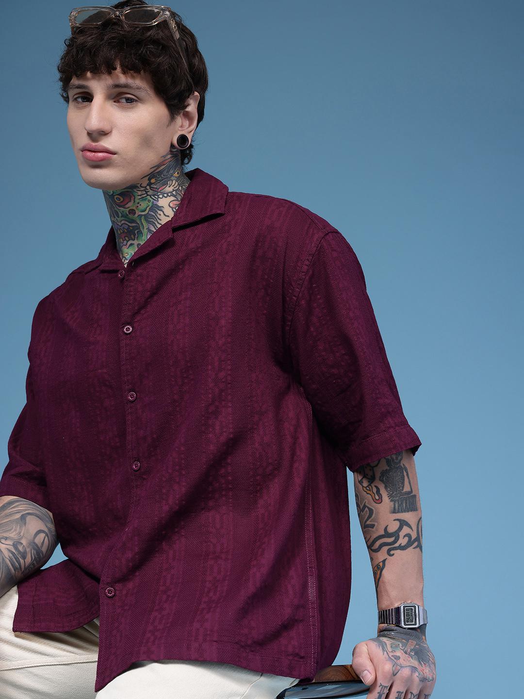 HERE&NOW Men Textured Cuban Collar Relaxed Fit Casual Shirt