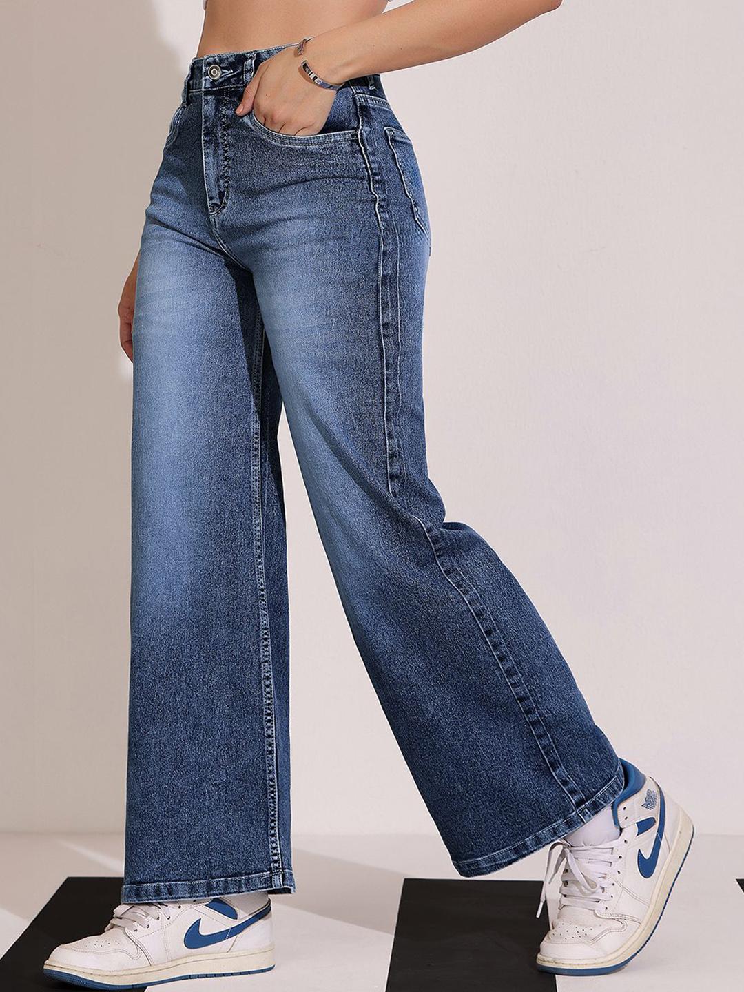 DOLCE CRUDO Women Wide Leg High-Rise Heavy Fade Stretchable Jeans