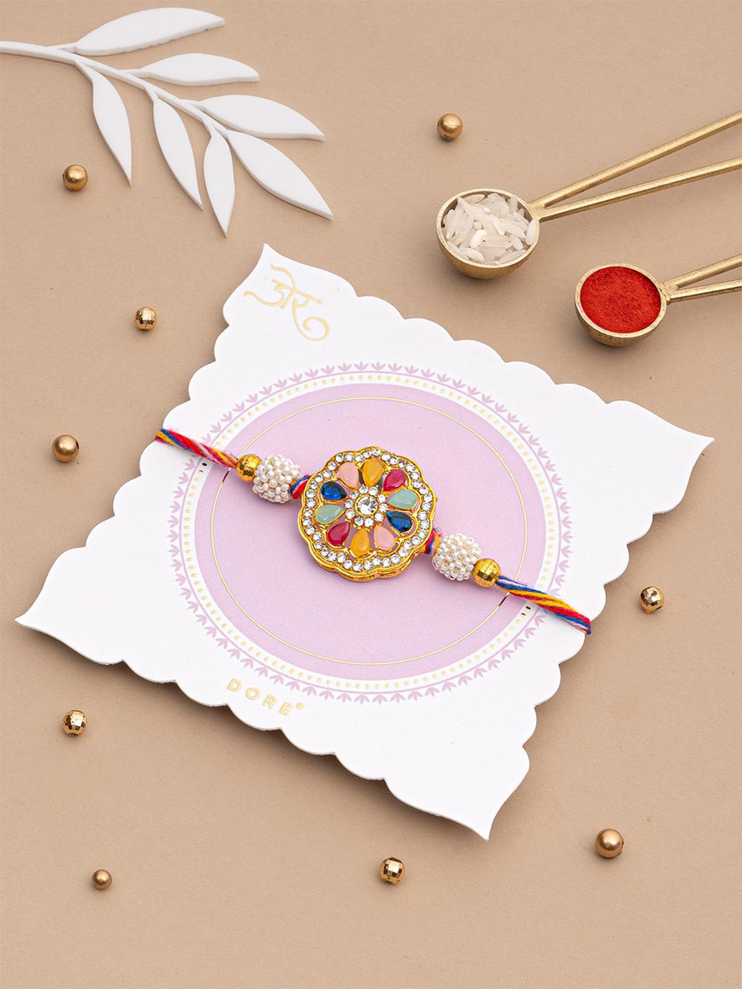 Buy Dore GoldenToned Multicolour Surat Stone Studded Brother Set Rakhi With Roli Chawal - - Accessories for Unisex